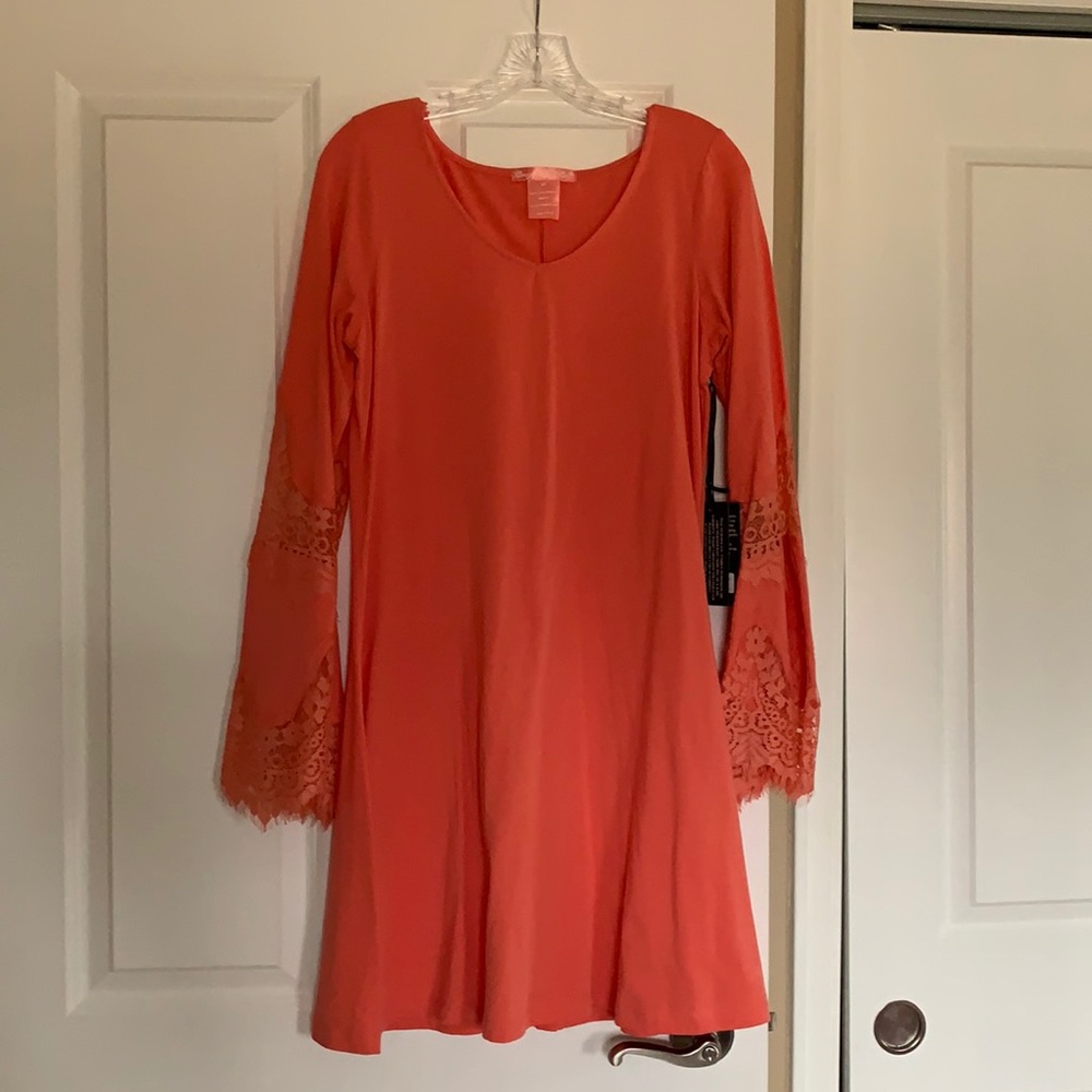 Cowgirl Tuff Coral dress with lace on the sleeves